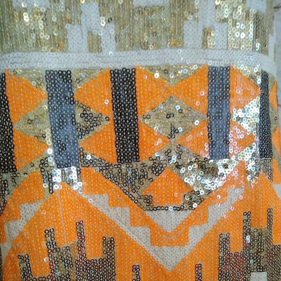 Gianni Bini GB Size Small Silver Orange Sequins Aztec Southwestern  Sheath Dress - Picture 3 of 8